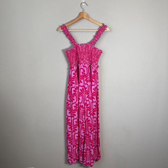 Entro Patterned Smocked Wide Leg Jumpsuit Women's Medium Pink Purple Comfy Boho - Picture 5 of 16